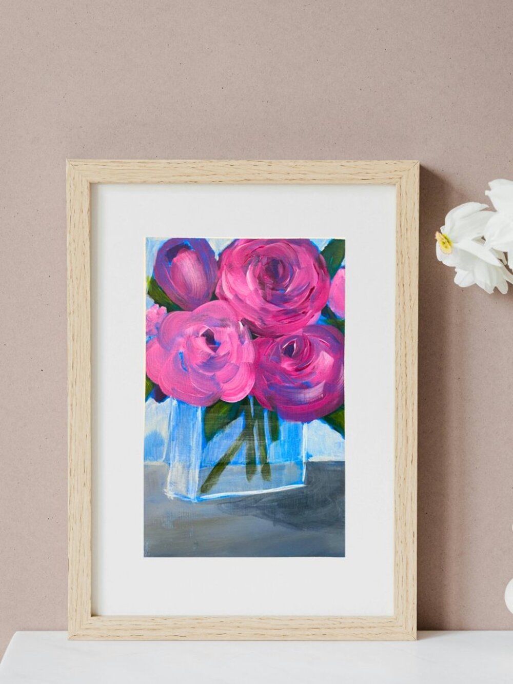 Pink Ranunculus Bouquet Original Acrylic Painting on 6" x 9" Canvas Sheet